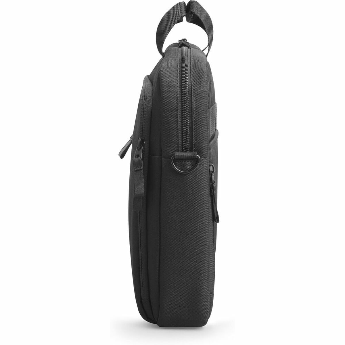 Custodia nera per laptop con cerniera, vista laterale.