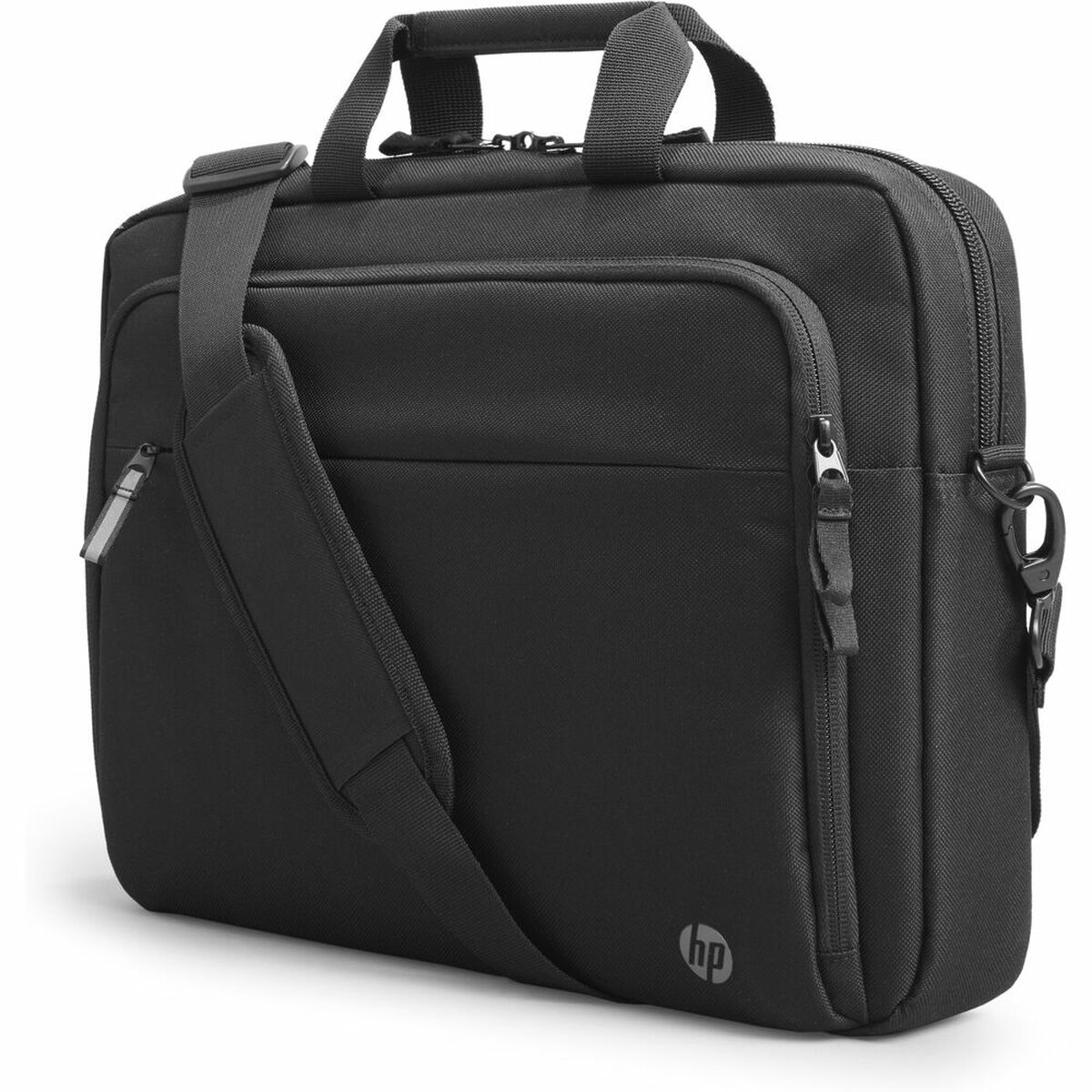 Borsa per laptop HP nera con tracolla. Il logo HP è visibile sulla parte anteriore.