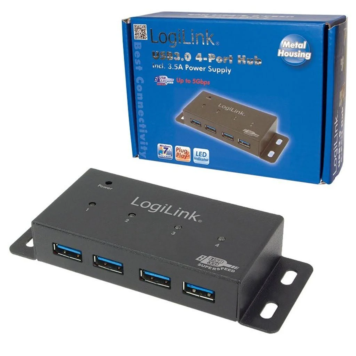 Hub USB LogiLink nero con 4 porte e una scatola blu con testo. Sfondo bianco.