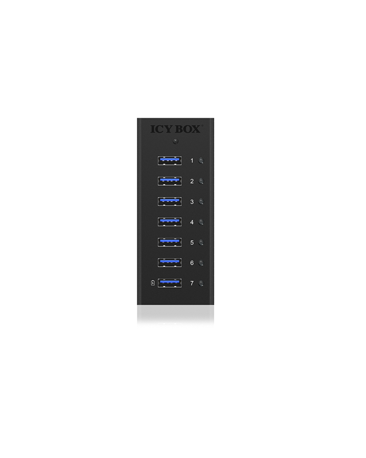 Schwarzer USB-Hub mit sieben USB-Anschlüssen, beschriftet 1-7.