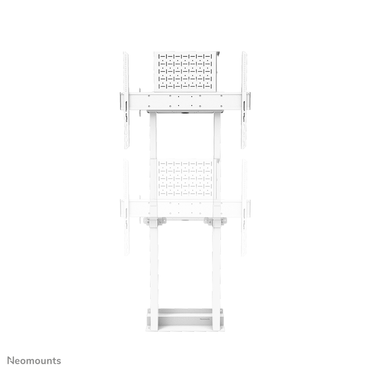Un soporte de suelo blanco para dos pantallas con paneles perforados y soportes verticales.