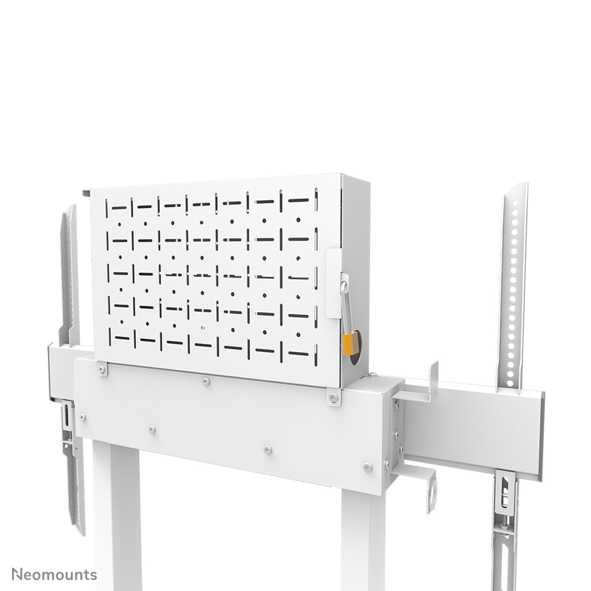 Soporte de TV blanco con caja metálica con cerradura, rieles verticales y detalles de montaje sobre fondo blanco.