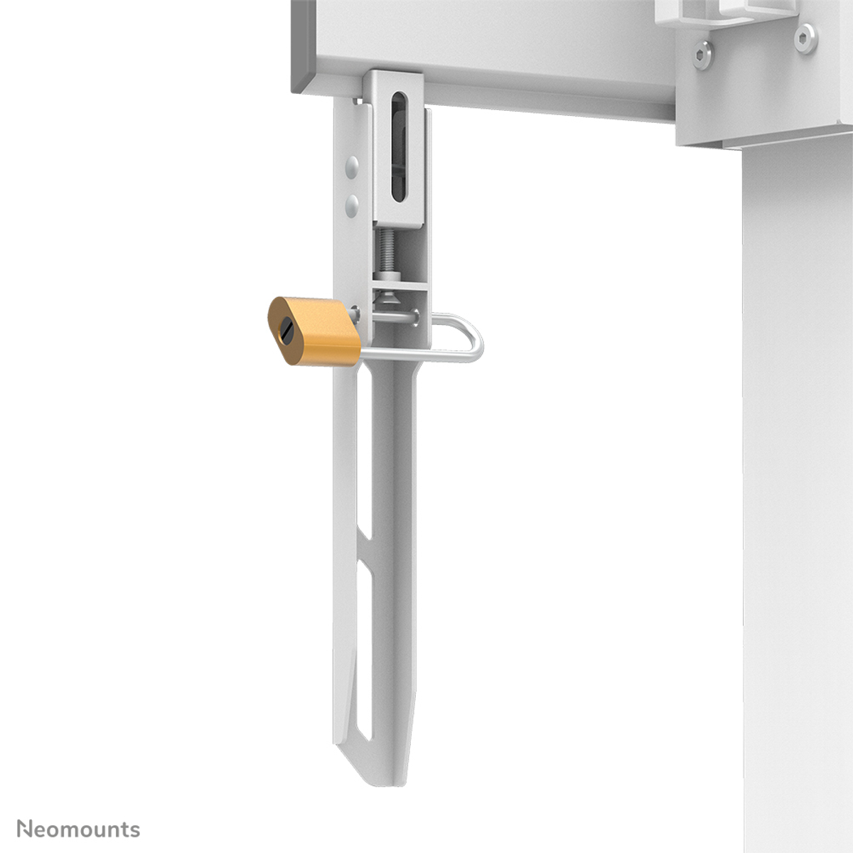 Un soporte de metal blanco está unido a un poste y asegurado con un candado amarillo.