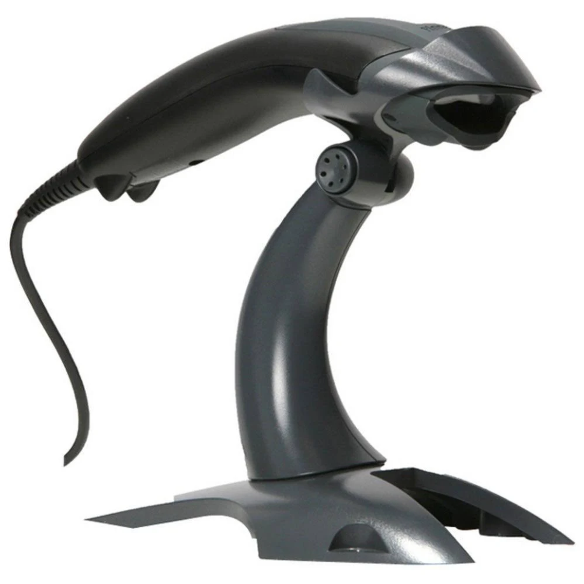 Ein schwarz-grauer Barcode-Scanner auf einem Ständer, mit einem Kabel.