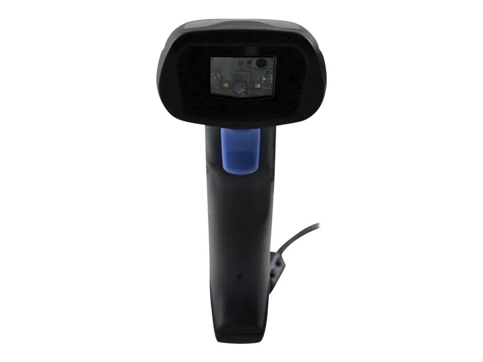 Schwarzer Barcodescanner mit blauem Knopf. Zeigt Linse und Griff des Scanners.