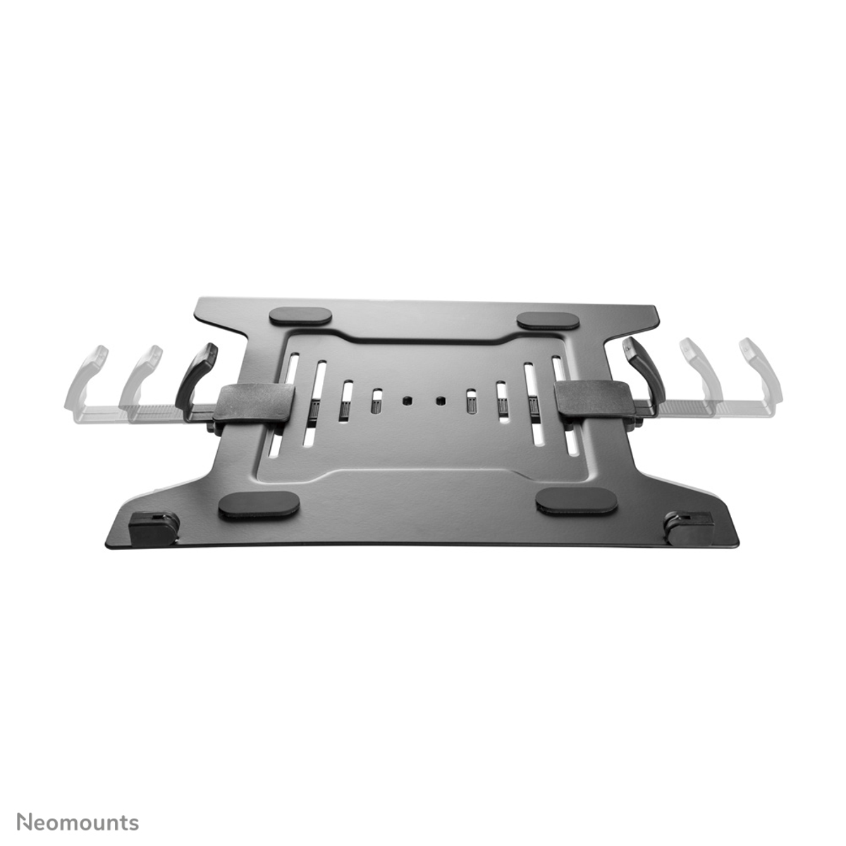 A black metal laptop stand with adjustable clamps on the sides.