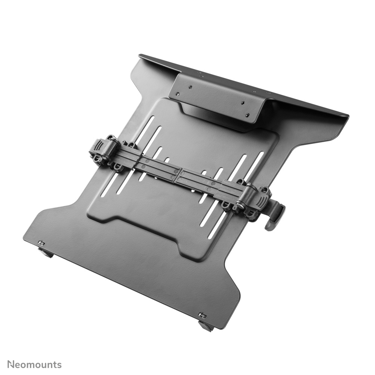 A black laptop stand with adjustable clamps on a white background.