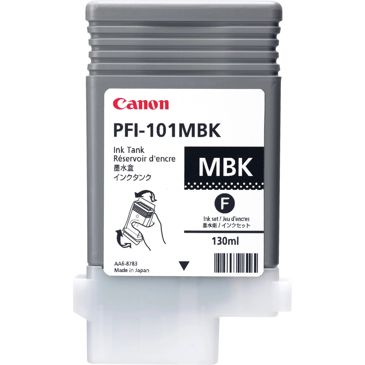 Cartuccia d'inchiostro Canon PFI-101MBK. Contenitore grigio e bianco con identificatore inchiostro nero MBK. Contiene istruzioni e codice a barre.