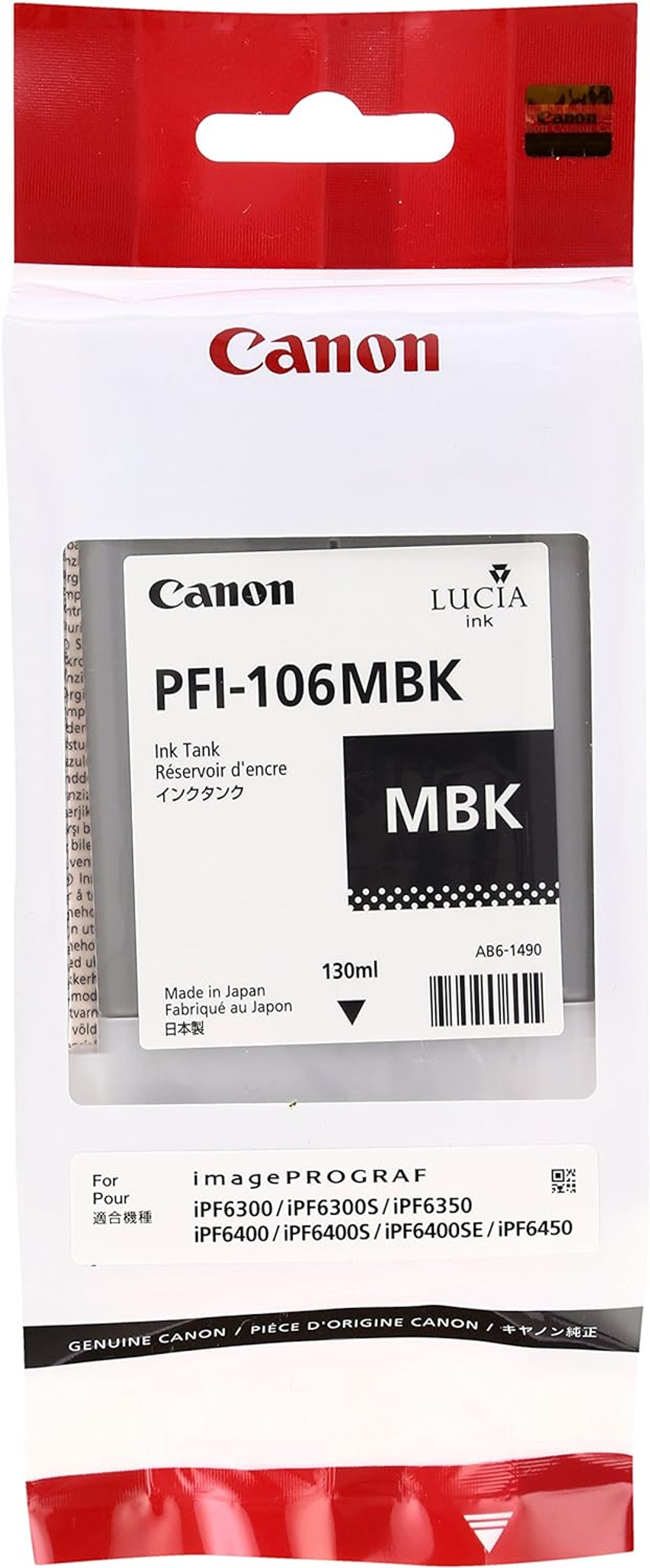 Una confezione di cartucce d'inchiostro Canon. La confezione è principalmente bianca con la parte superiore rossa. Il testo include 'Canon', 'PFI-106MBK' e 'MBK'.