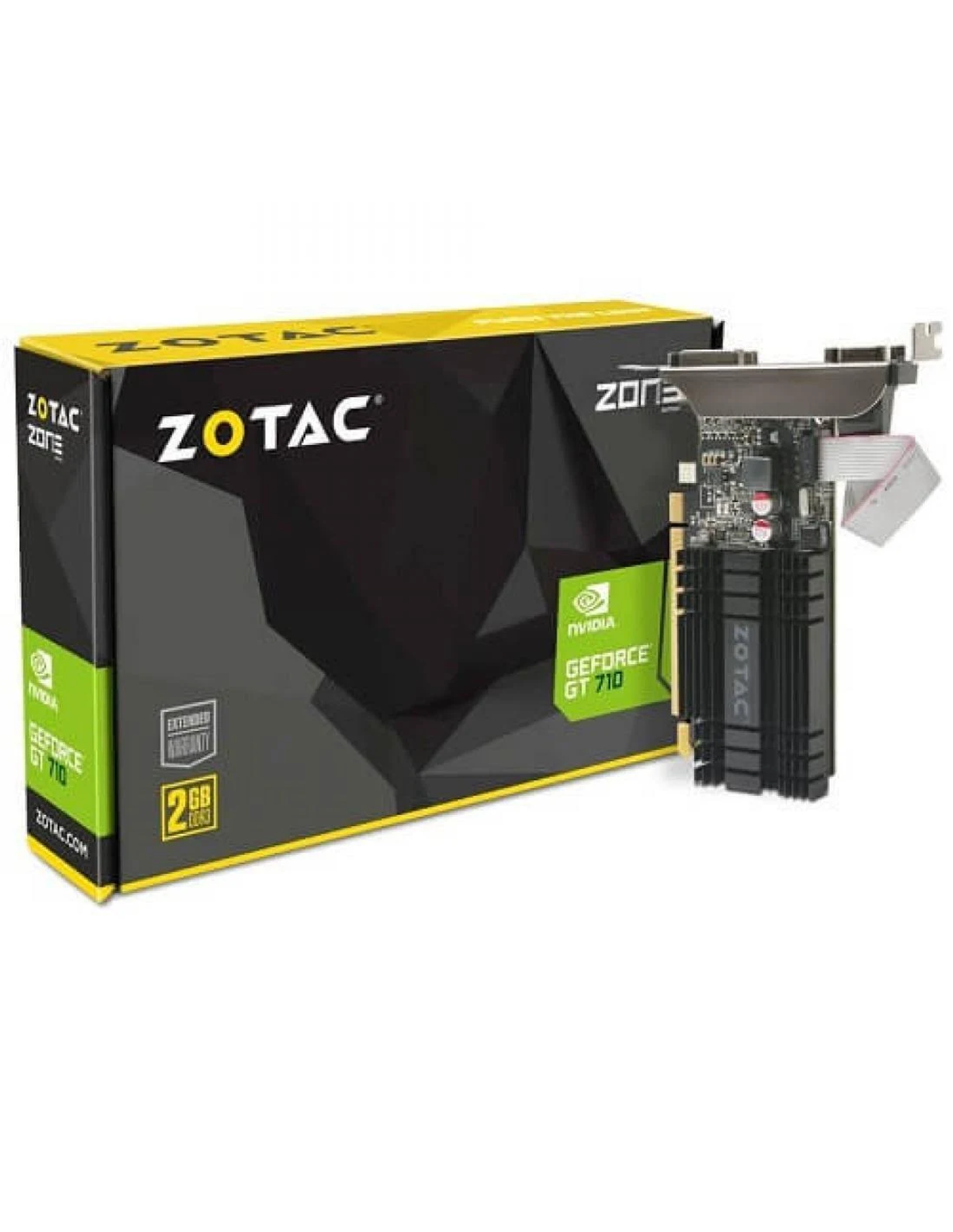 Pudełko i karta graficzna Zotac. Pudełko jest czarne i żółte, z tekstem. Karta jest czarno-srebrna.