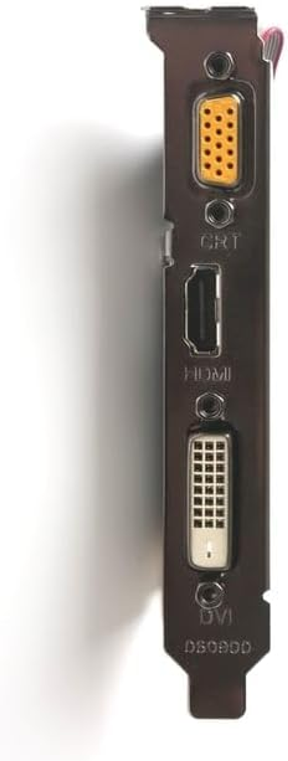 Karta graficzna z wieloma portami: DVI, HDMI i CRT, na białym tle.