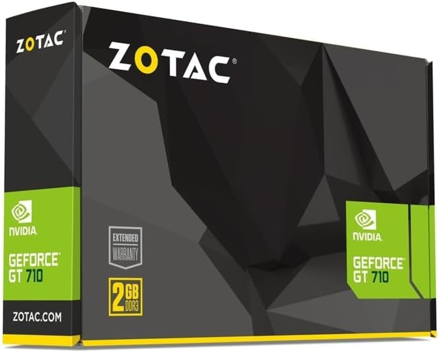 Pudełko karty graficznej ZOTAC GeForce GT 710 z logo Nvidia i ZOTAC oraz przedłużoną gwarancją.