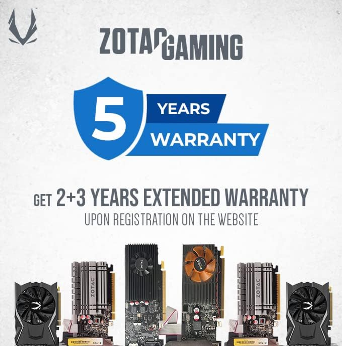 Karty graficzne Zotac Gaming z 5-letnią gwarancją, pokazano różne modele.