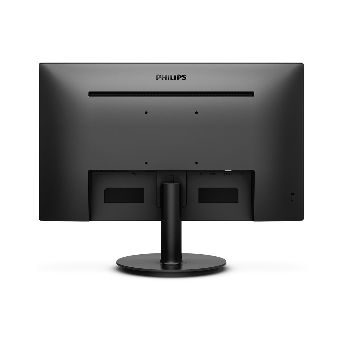 Monitor per computer nero con supporto, vista posteriore, che mostra porte e connessioni.