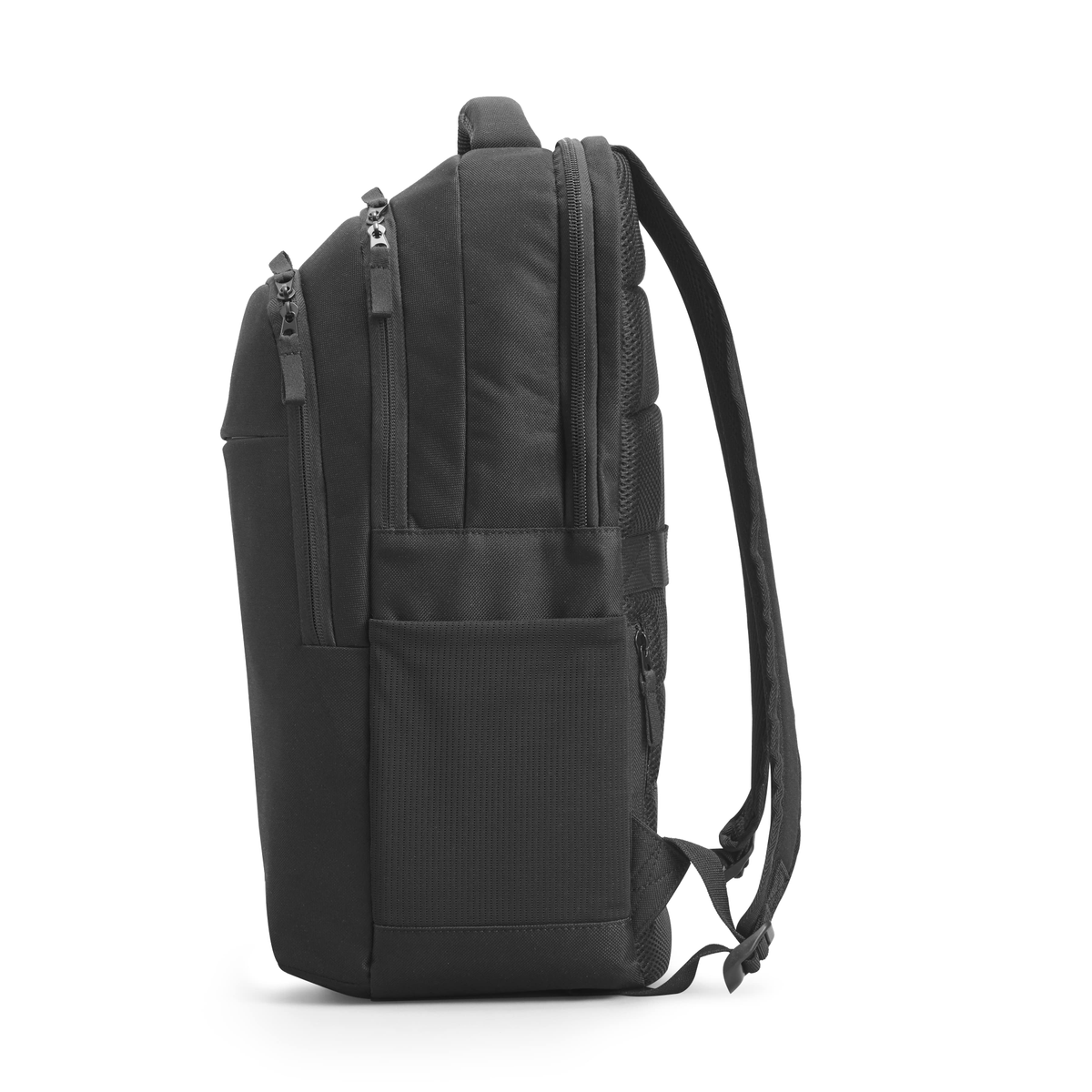 Zaino nero, vista laterale, con più tasche e cinghie.