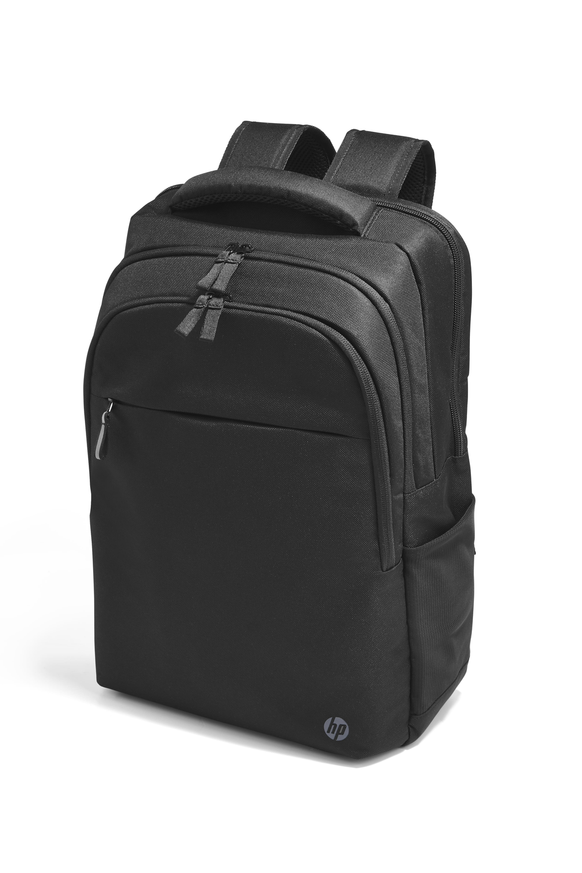 Zaino HP nero con due spallacci. Tasca frontale e maniglia superiore sono visibili.