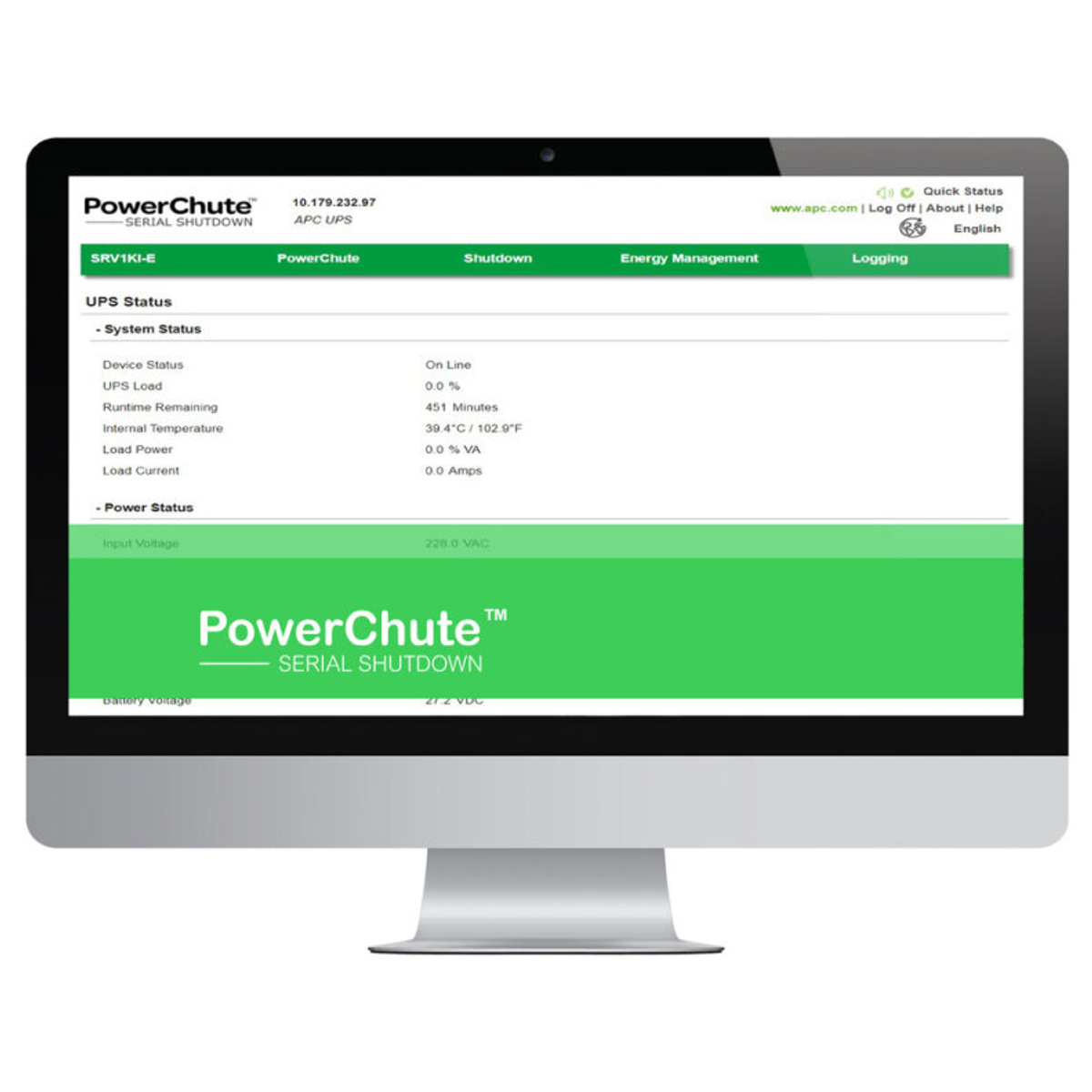 Computermonitor, der ein PowerChute-Bedienfeld anzeigt.