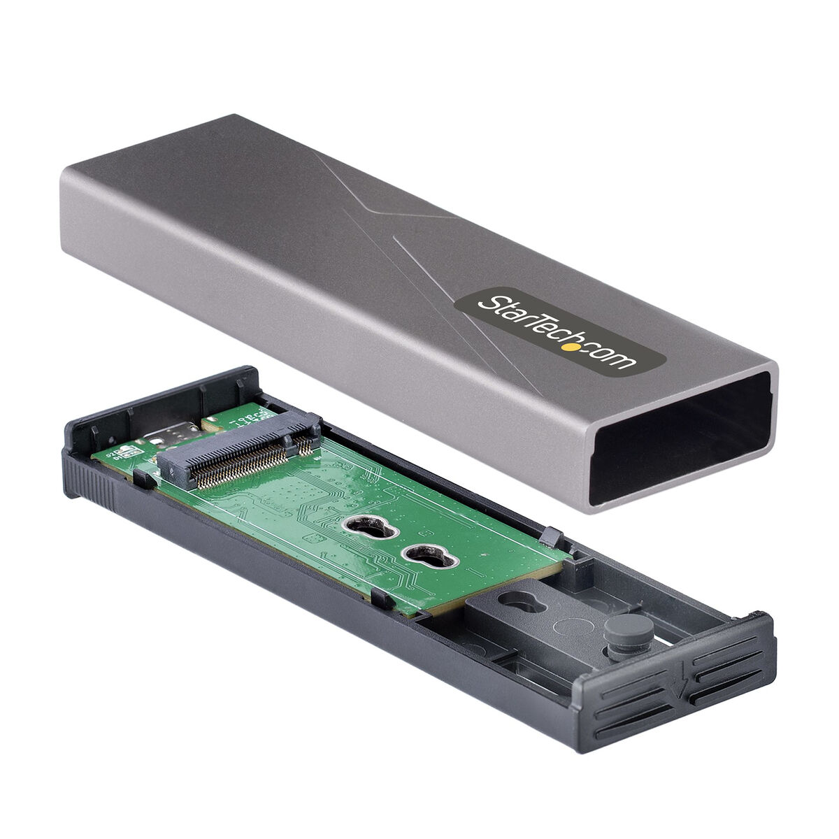 Un box SSD grigio StarTech.com con il coperchio superiore rimosso, che mostra la scheda verde interna.