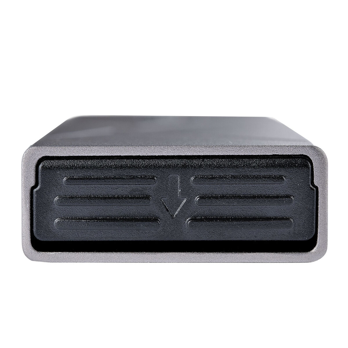Un dispositivo elettronico grigio con sportello nero e freccia verso il basso su sfondo bianco.