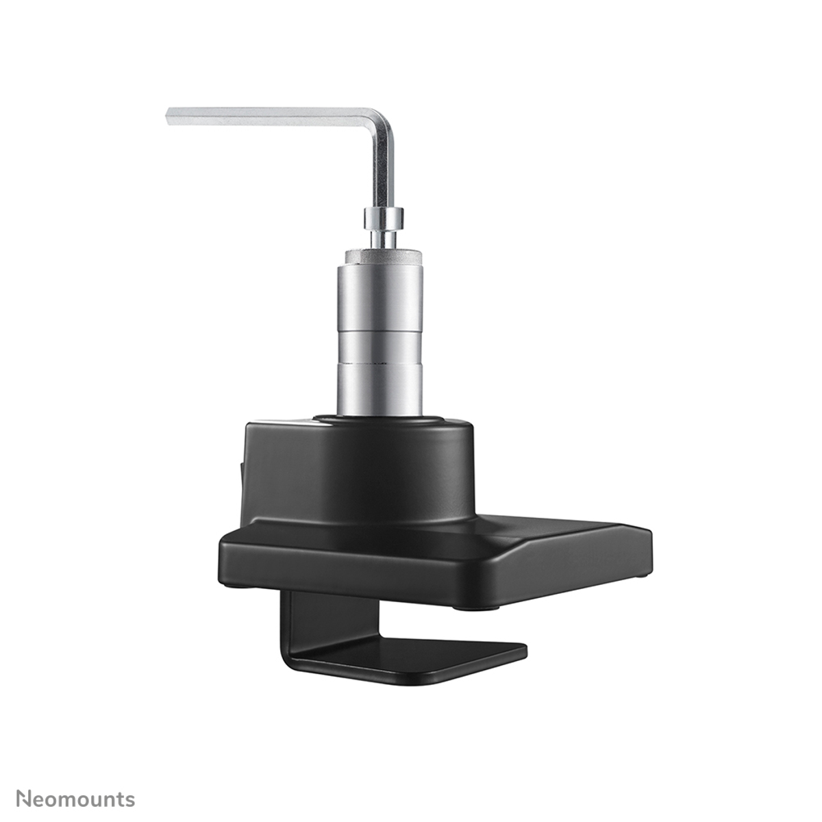 A black clamp mount with a silver Allen wrench for assembly.