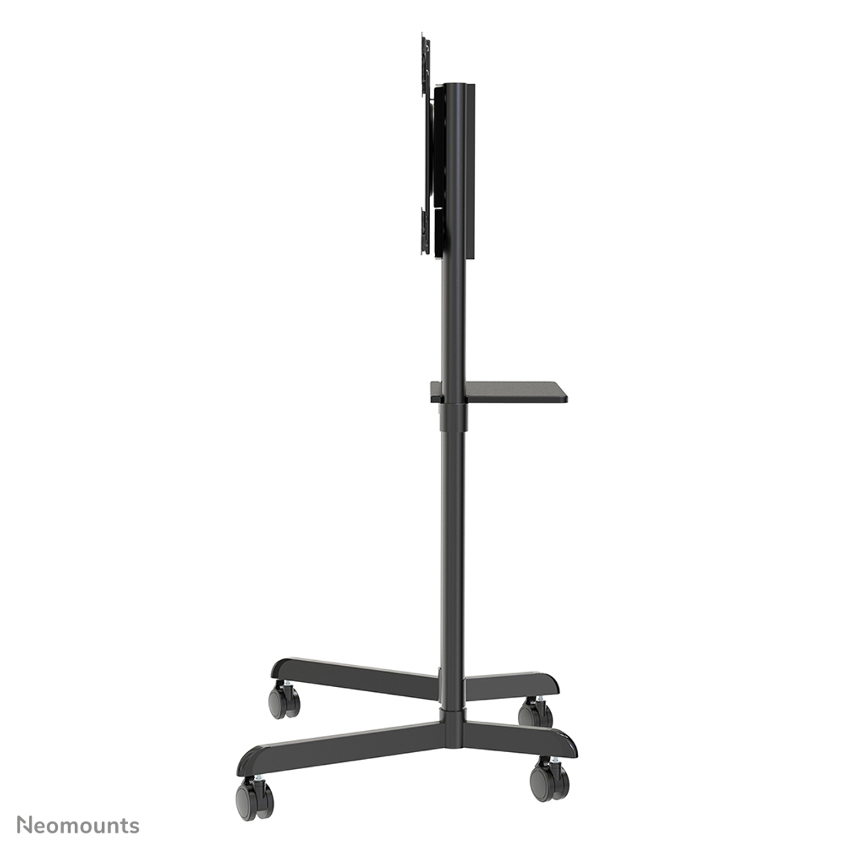 Un carrello TV mobile nero con ripiano e supporto, visto di lato su sfondo bianco.