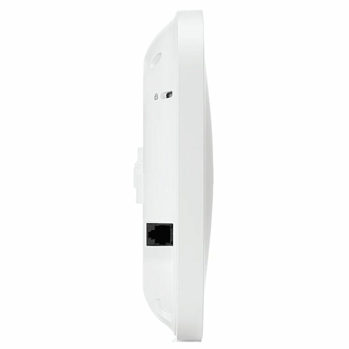 Seitenansicht eines weißen Geräts, möglicherweise ein Netzwerk-Access-Point, mit schwarzem Anschluss.
