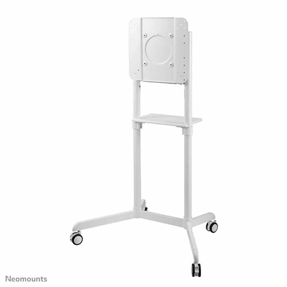 Supporto TV bianco su ruote con ripiano e staffa di montaggio.