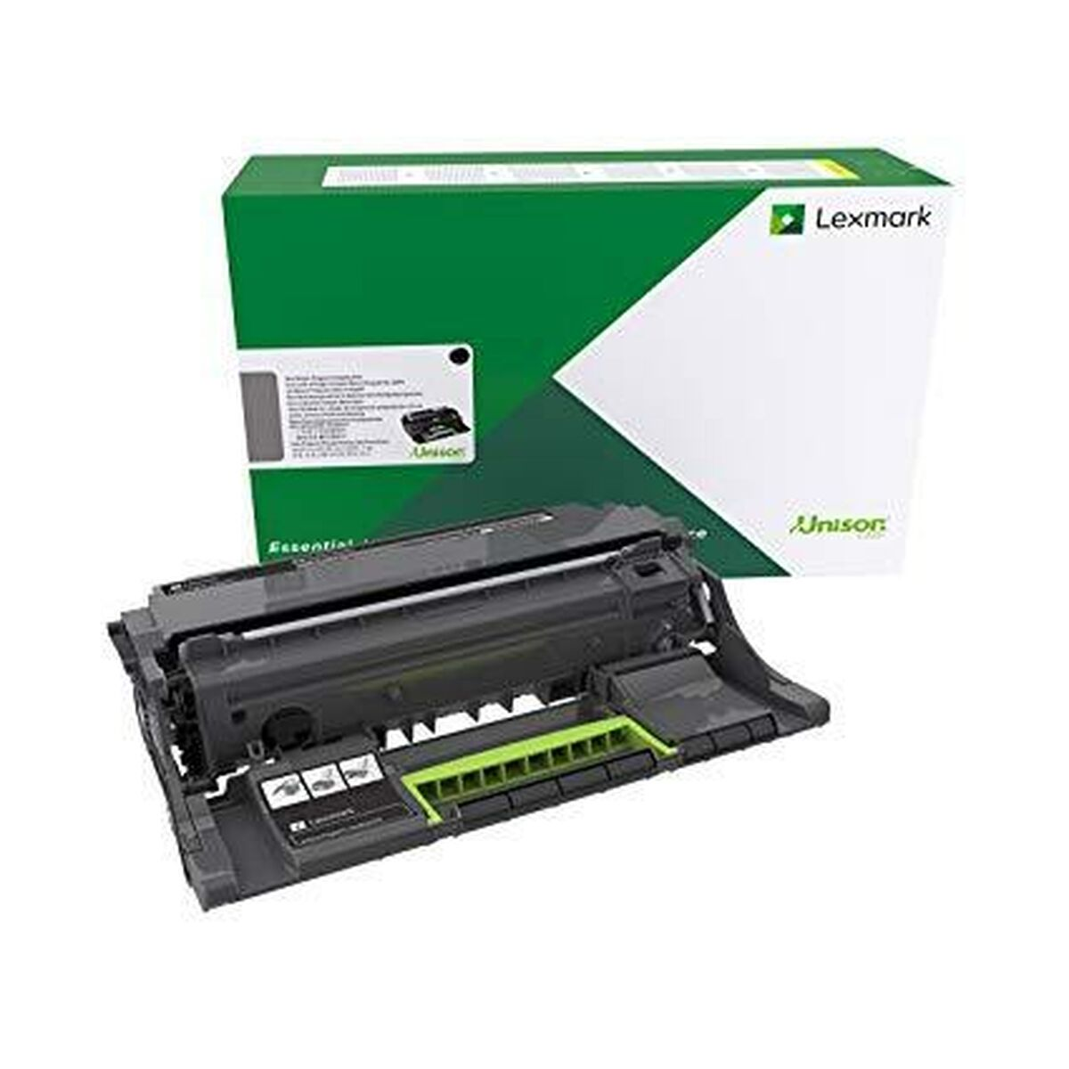 Cartuccia toner Lexmark Unison e scatola verde su sfondo bianco.