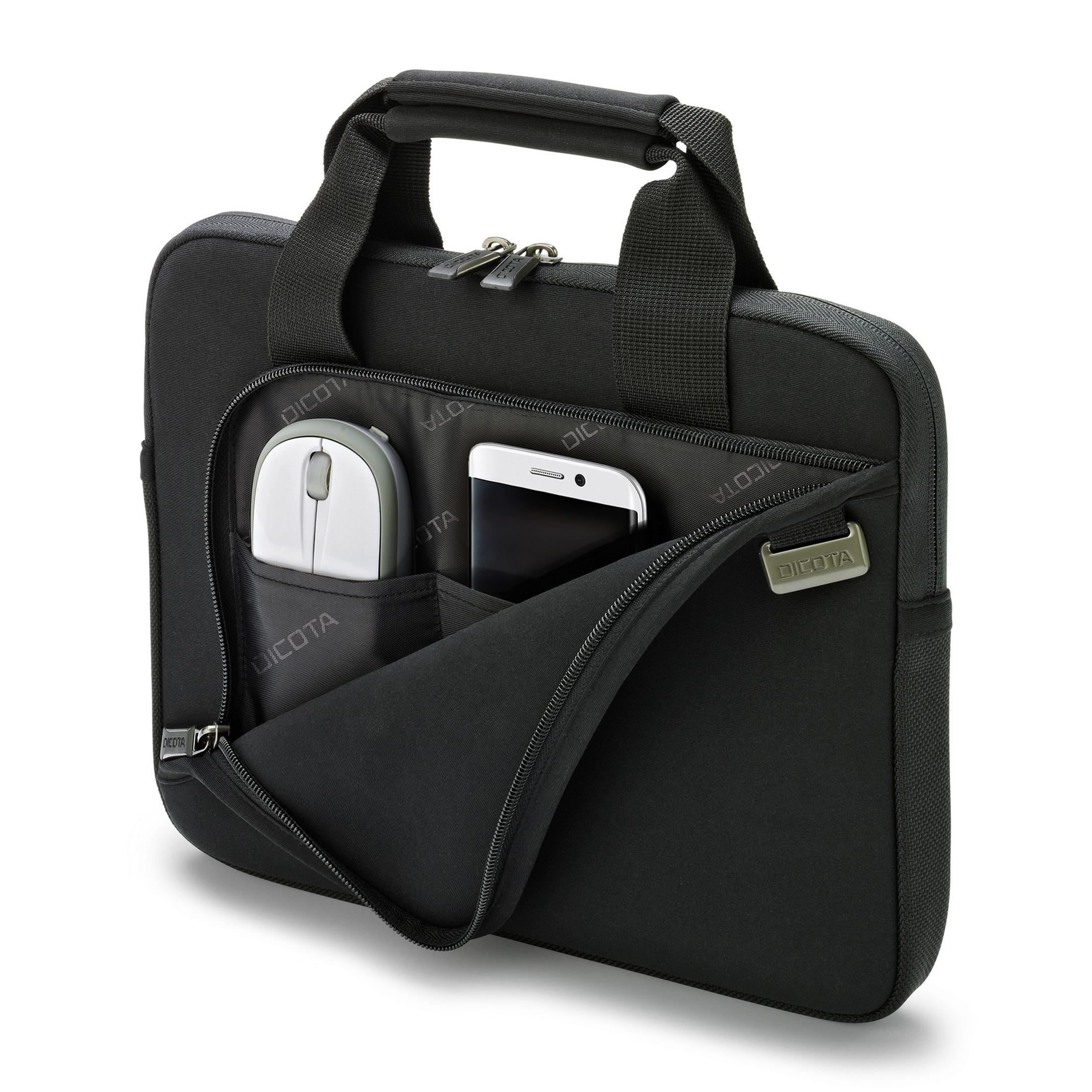 Zwarte laptoptas open, met muis, telefoon en rits.