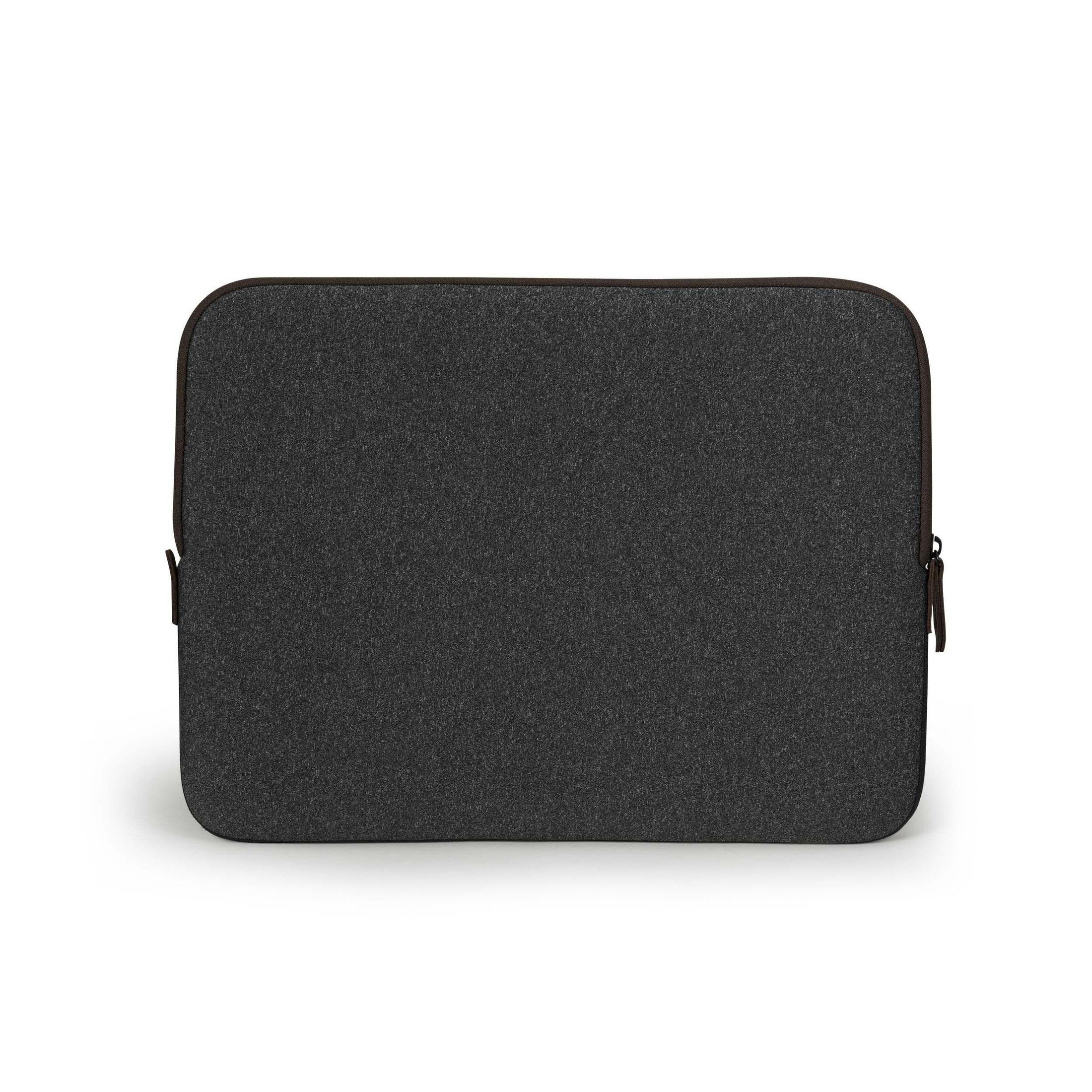 Eine dunkelgraue Laptop-Hülle mit Reißverschluss und braunem Rand.