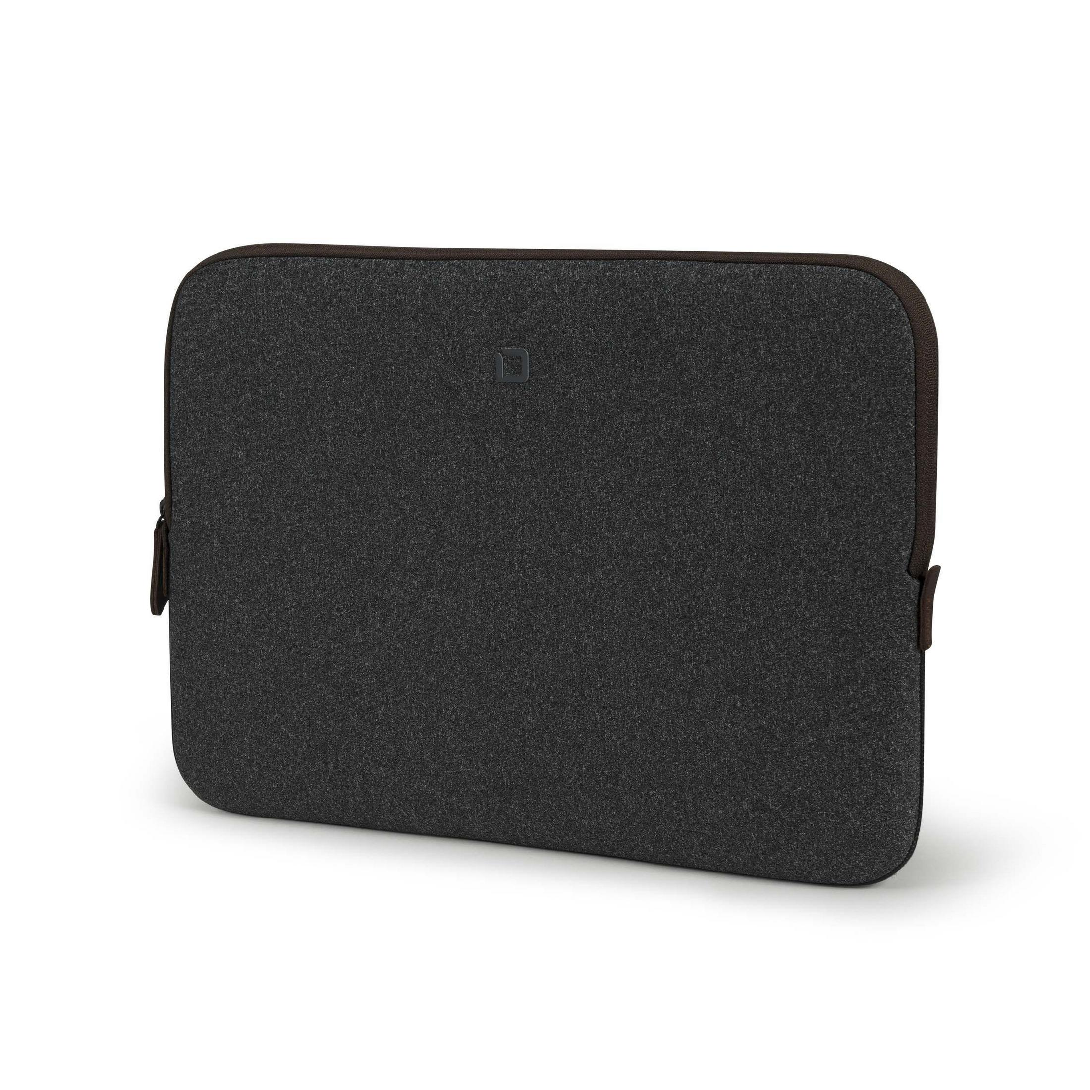 Dunkelgraue Laptoptasche. Sie ist rechteckig und hat einen Reißverschluss. Der Hintergrund ist weiß.