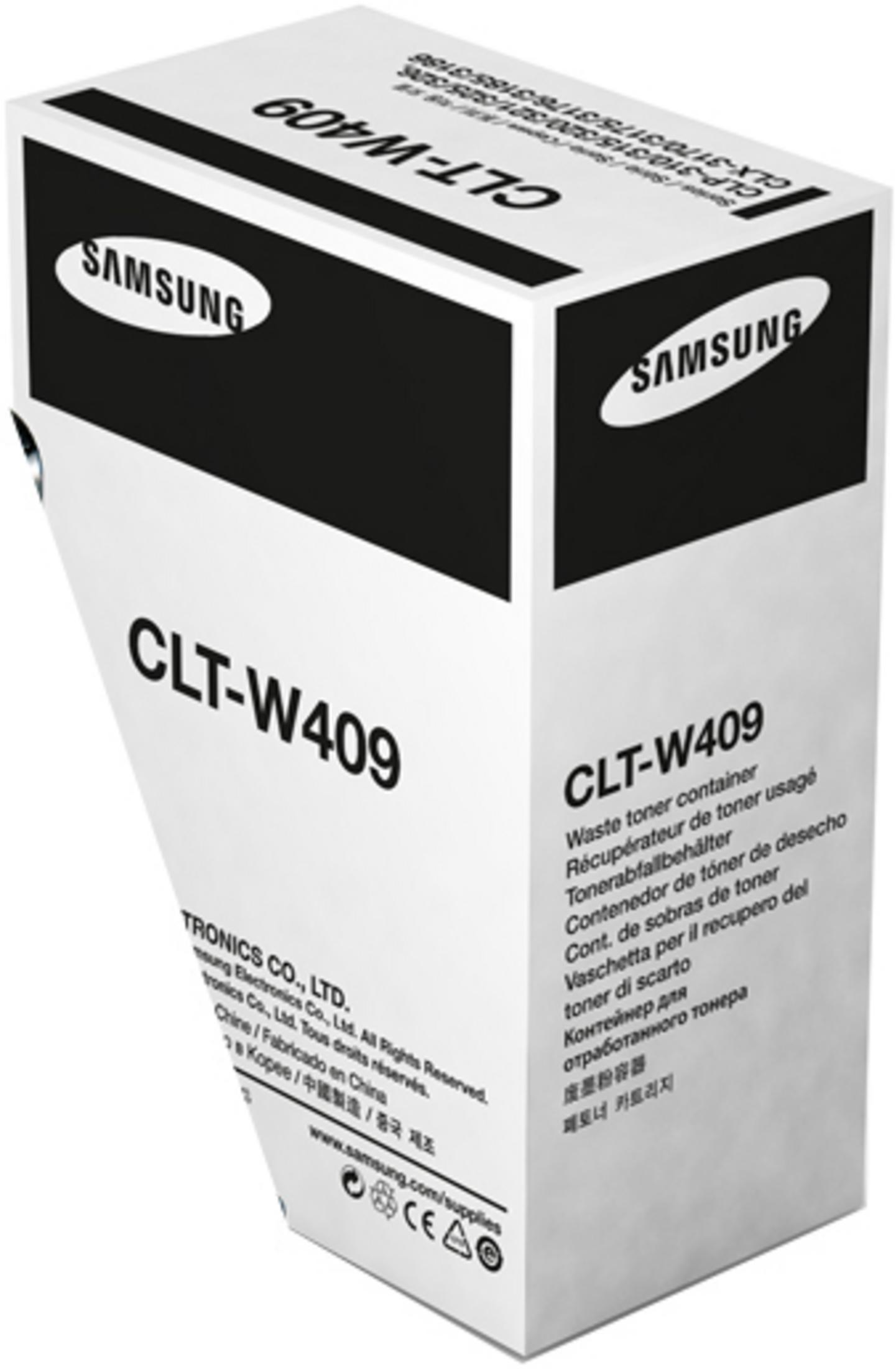 Contenitore toner di scarto Samsung CLT-W409 su sfondo bianco.