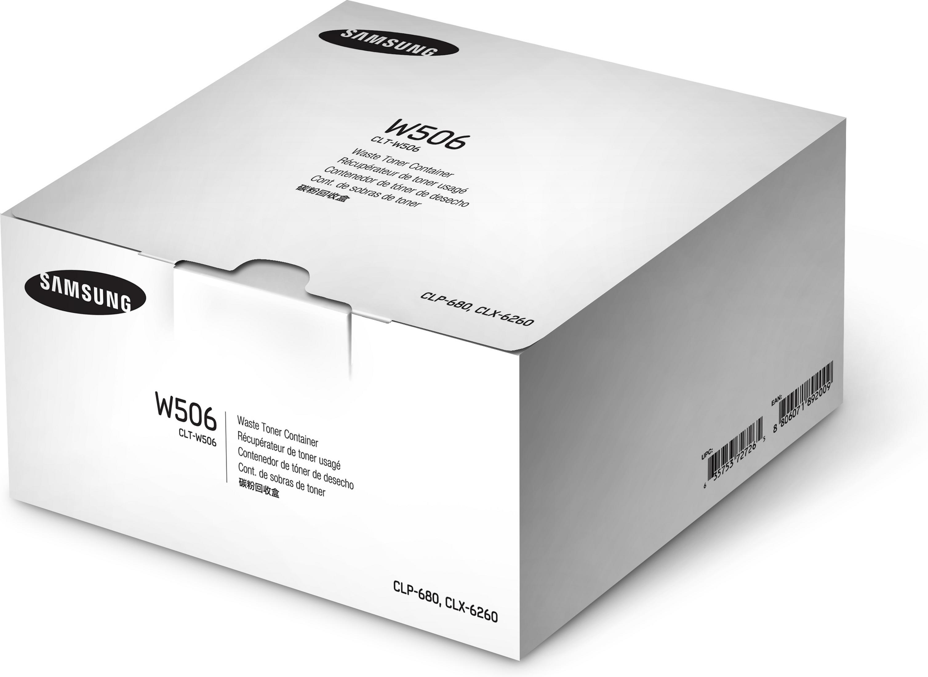 Scatola contenitore toner Samsung W506 con informazioni sul prodotto.
