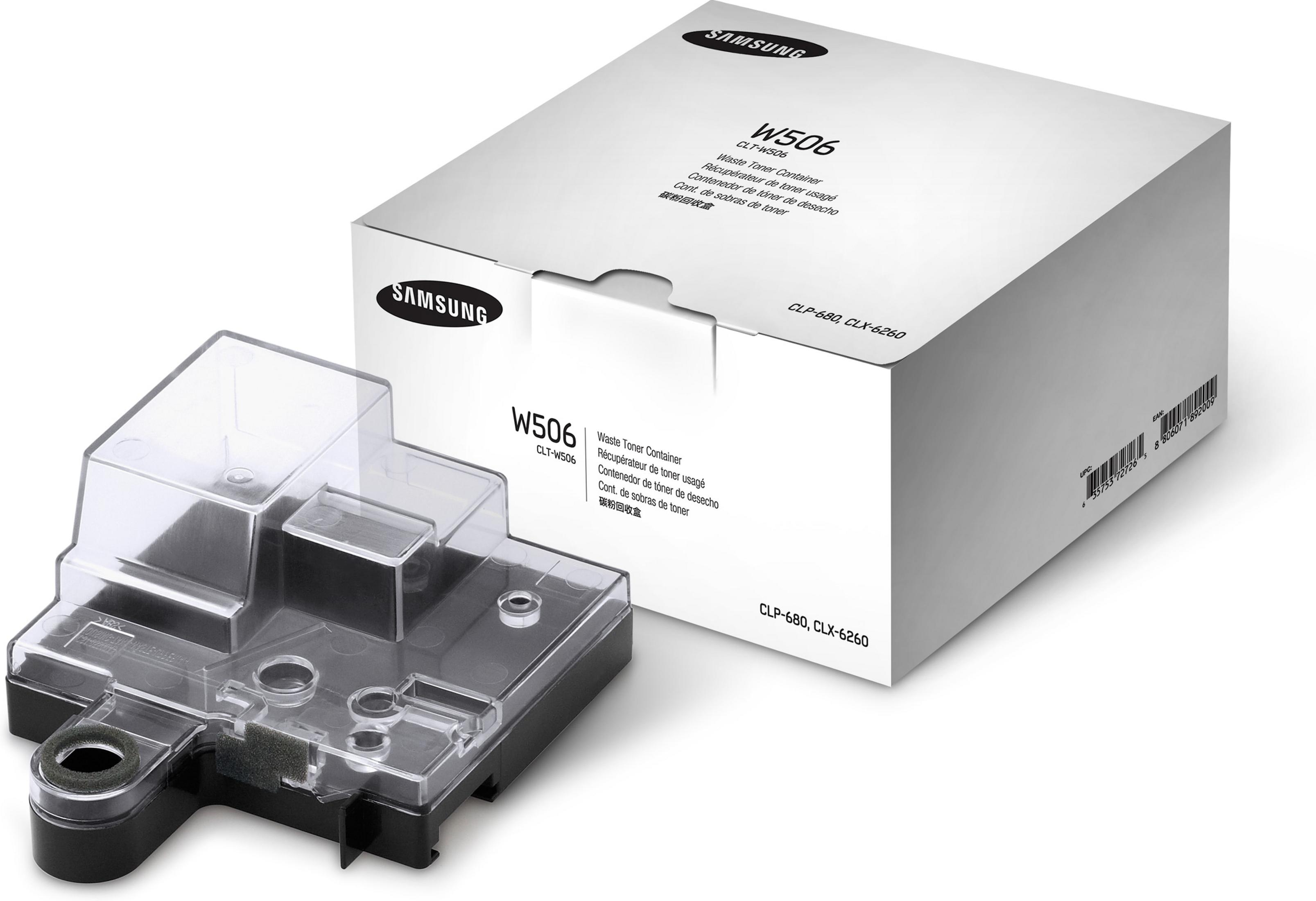 Contenitore toner di scarto Samsung W506 e scatola, nero/trasparente.