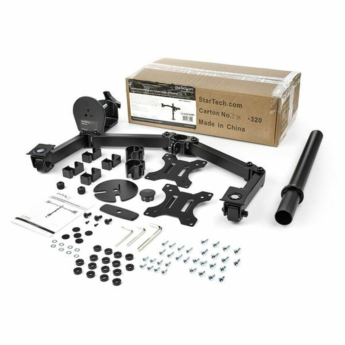 Un kit di montaggio per monitor smontato con varie parti, viti e una scatola.