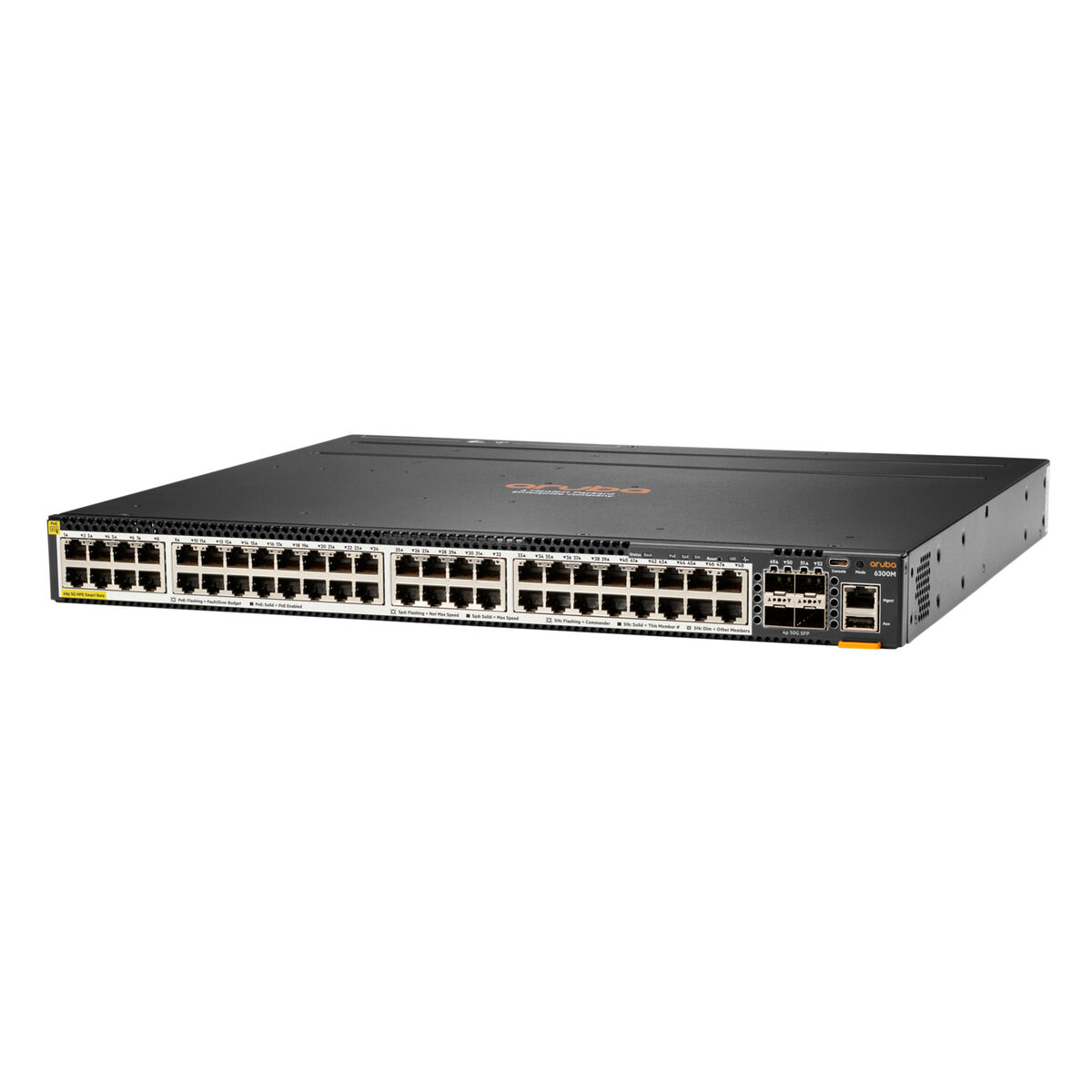 Switch di rete con più porte e connettori, etichettato sopra.