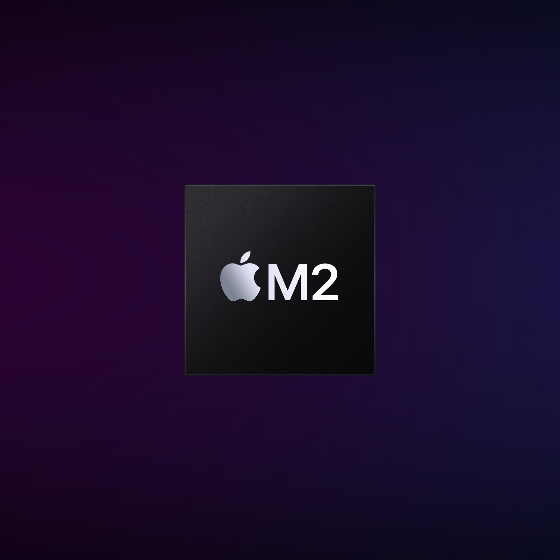 Czarny kwadrat z logo Apple i tekstem 'M2'. Tło to gradient od fioletu do ciemnoniebieskiego.