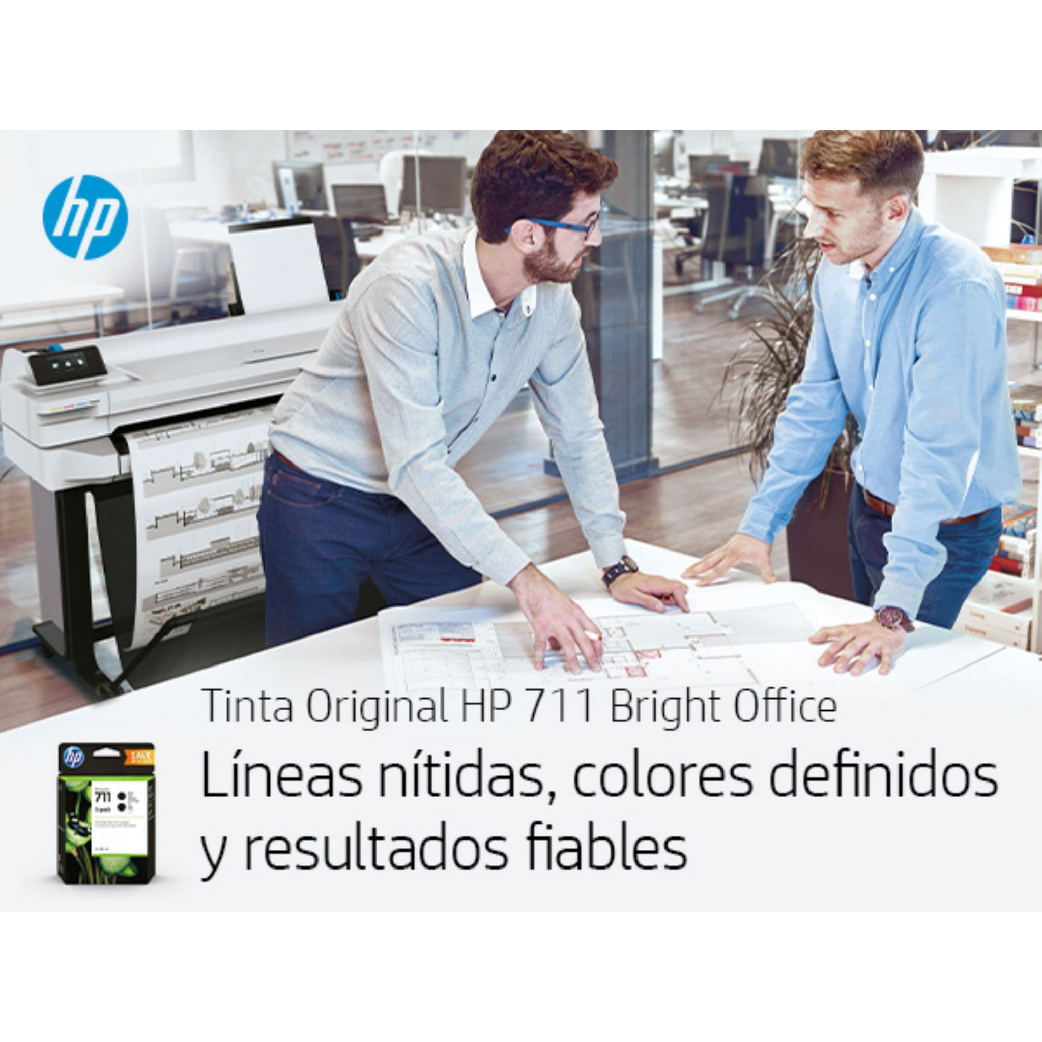 Two men looking at blueprints next to a large printer. Text reads: 'HP 711 Bright Office' and 'Sharp lines, defined colors'.