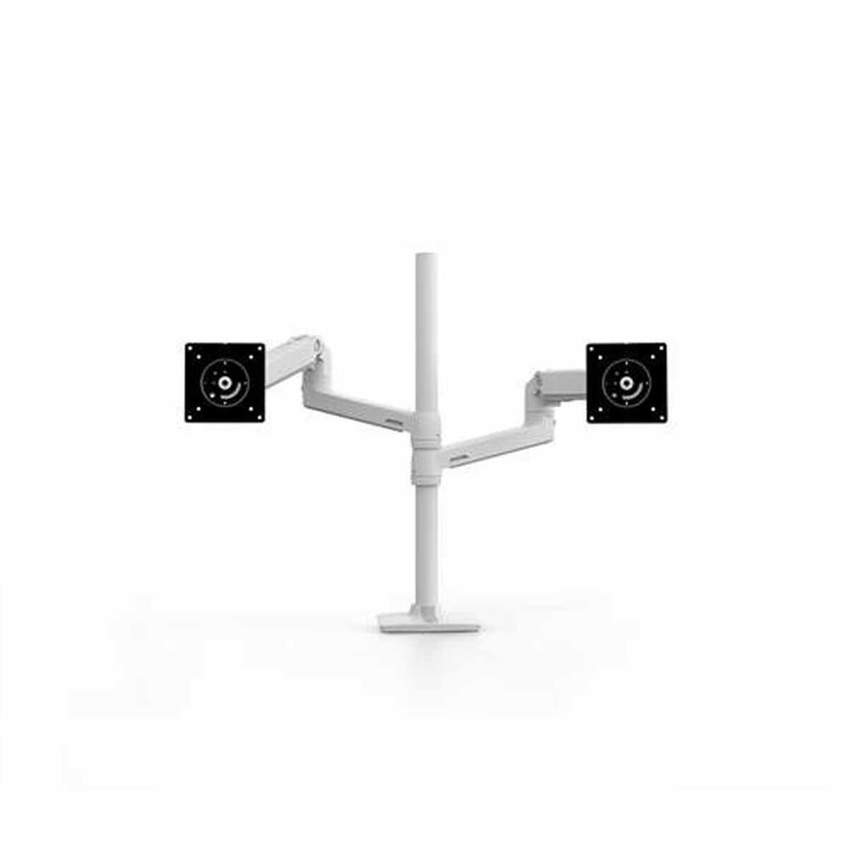A white dual monitor stand with arms and mounting plates.