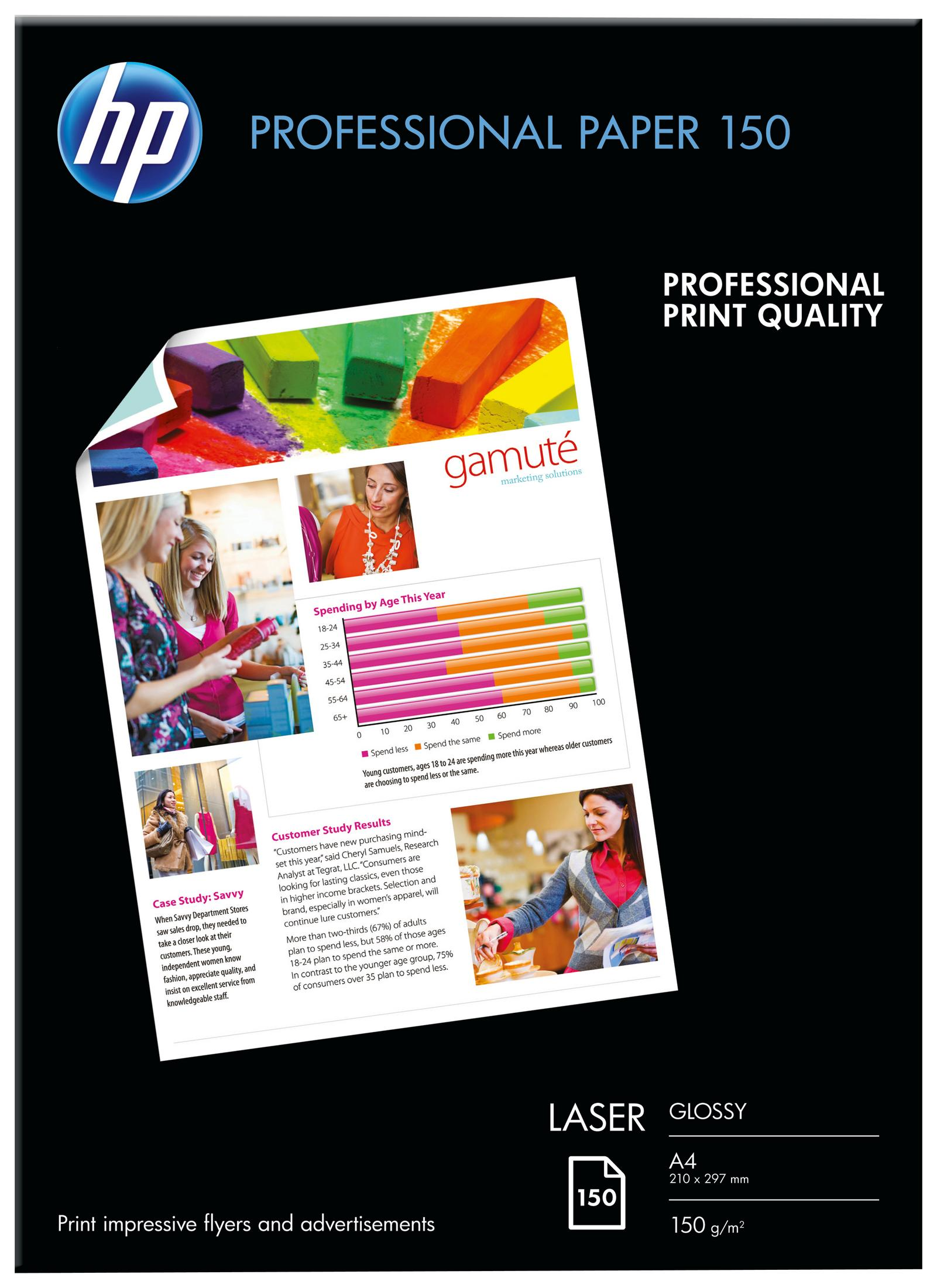 Reklama HP Professional Paper 150 z kolorową grafiką i informacjami na czarnym tle.