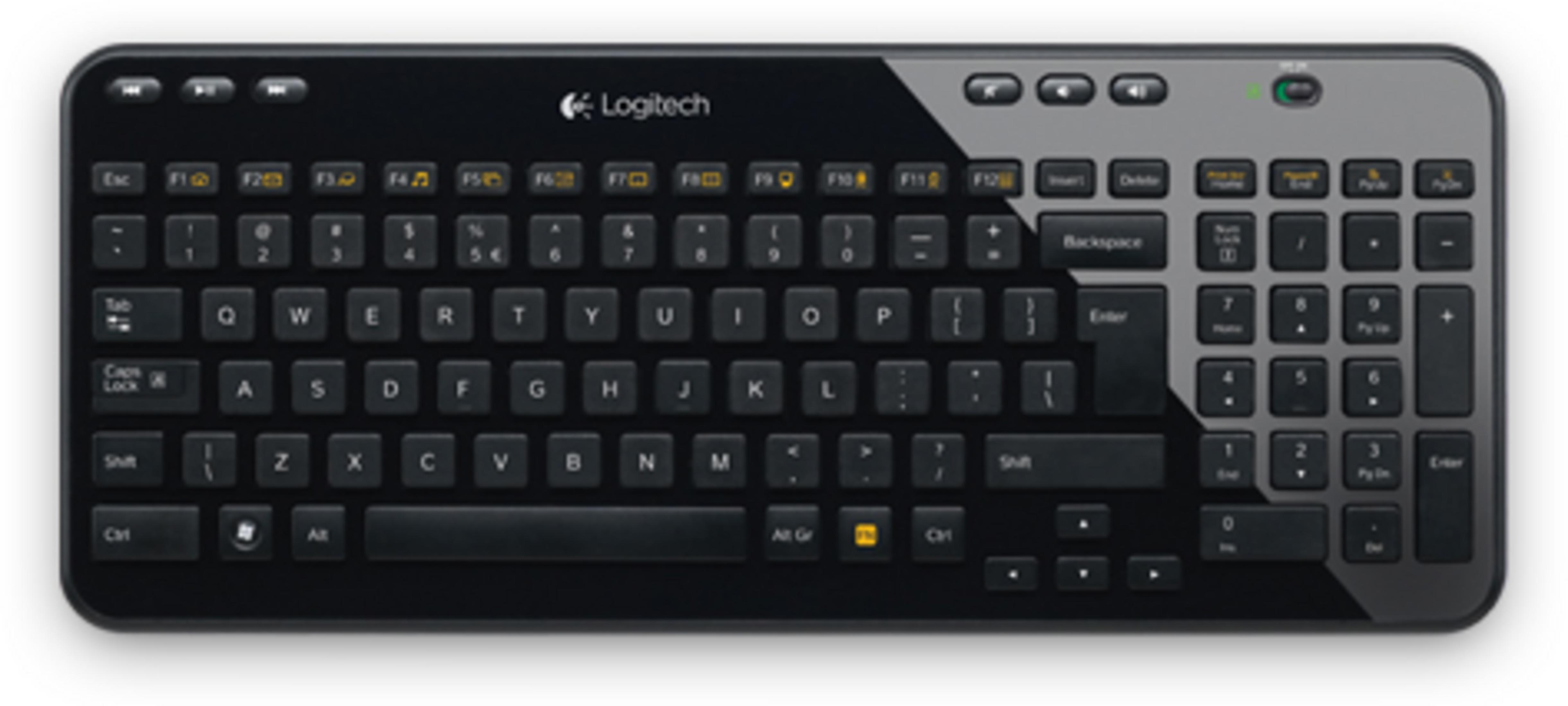 Schwarze Logitech-Tastatur. Der Hintergrund ist weiß.