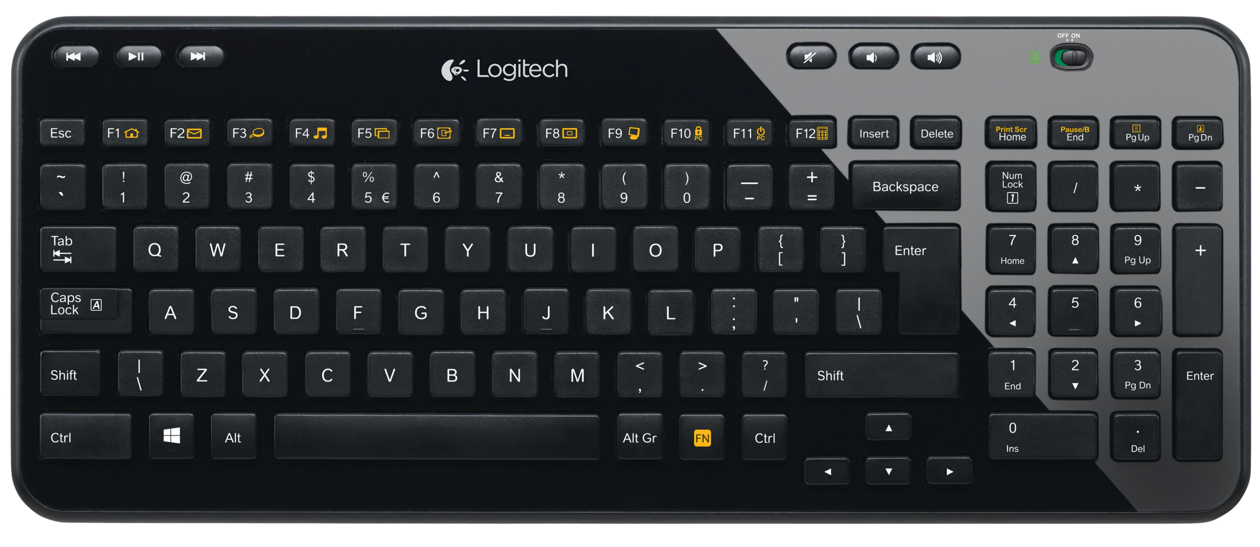 Schwarze kabellose Logitech-Tastatur mit Tasten und Multimediatasten.
