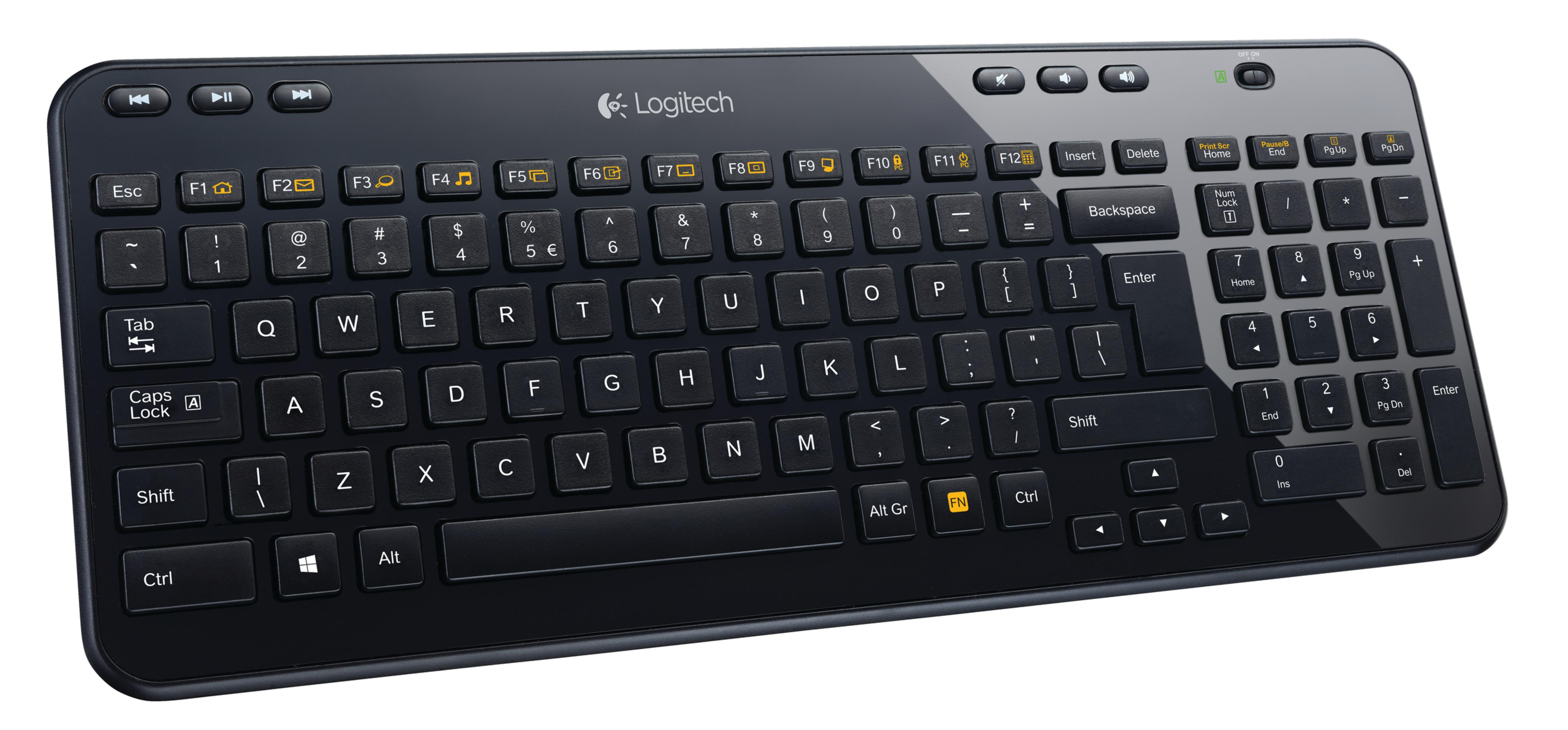 Schwarze Logitech-Tastatur mit Tasten, auf weißem Hintergrund. Enthält Funktionstasten.