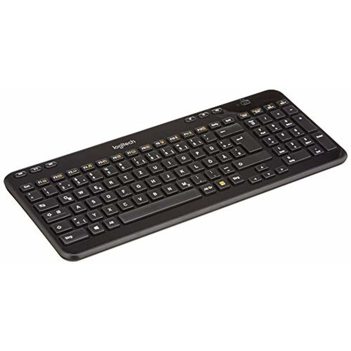 Schwarze Logitech-Tastatur mit Tasten. Weißer Hintergrund.