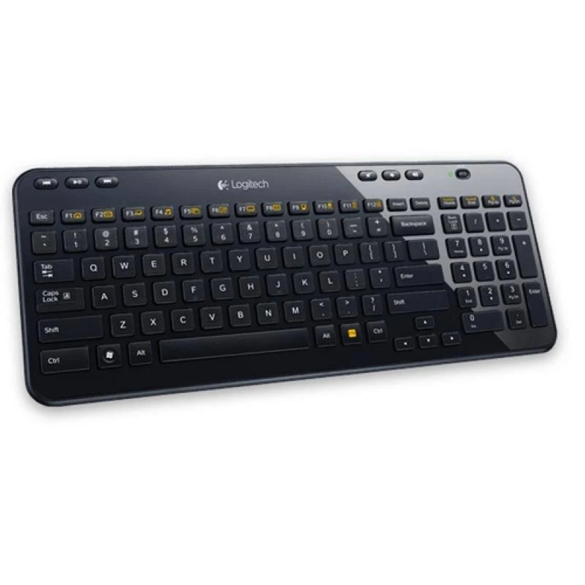 Eine schwarze Logitech-Tastatur mit Tasten, aus einem Winkel betrachtet.