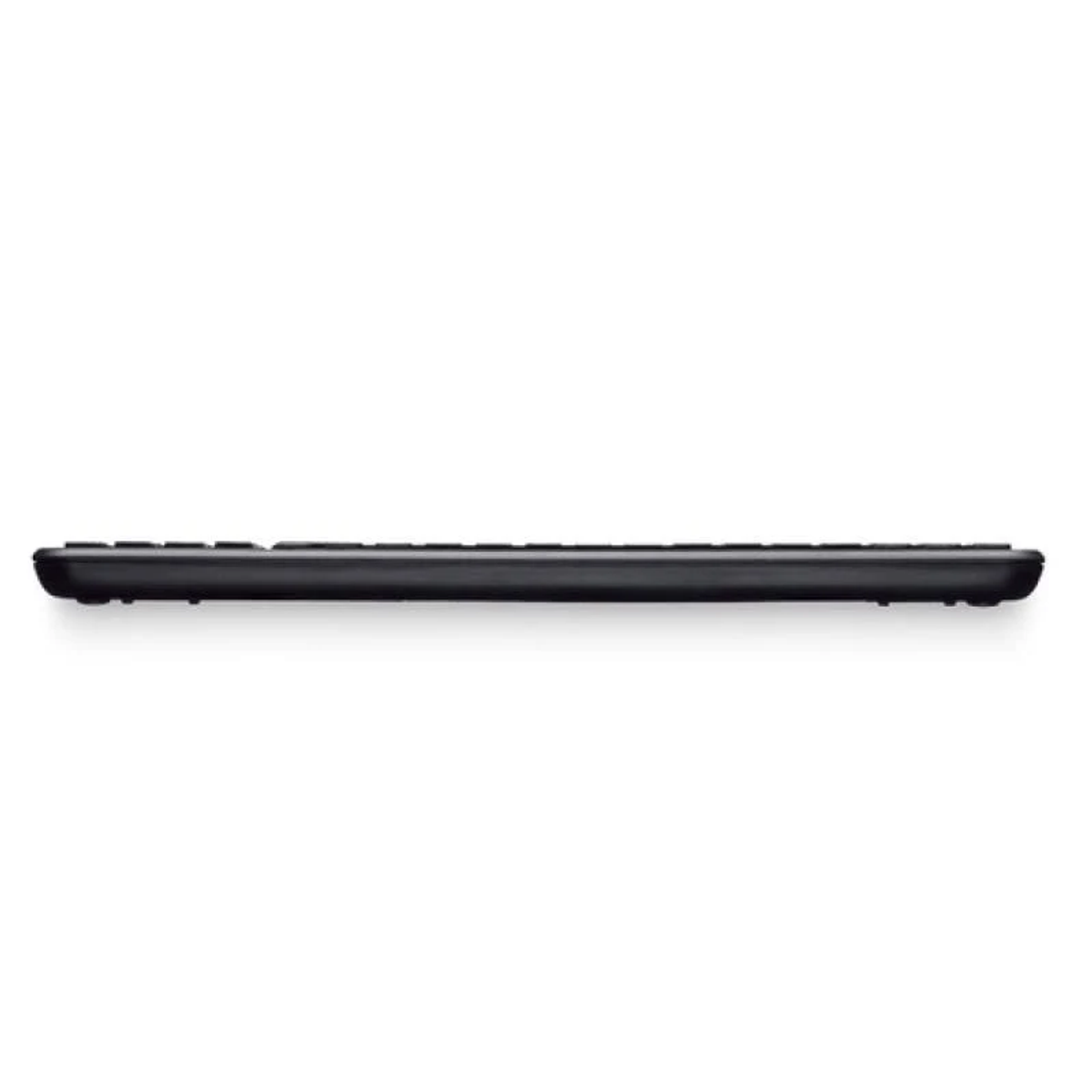 Eine dünne, schwarze Tastatur, von der Seite gesehen, auf weißem Hintergrund.