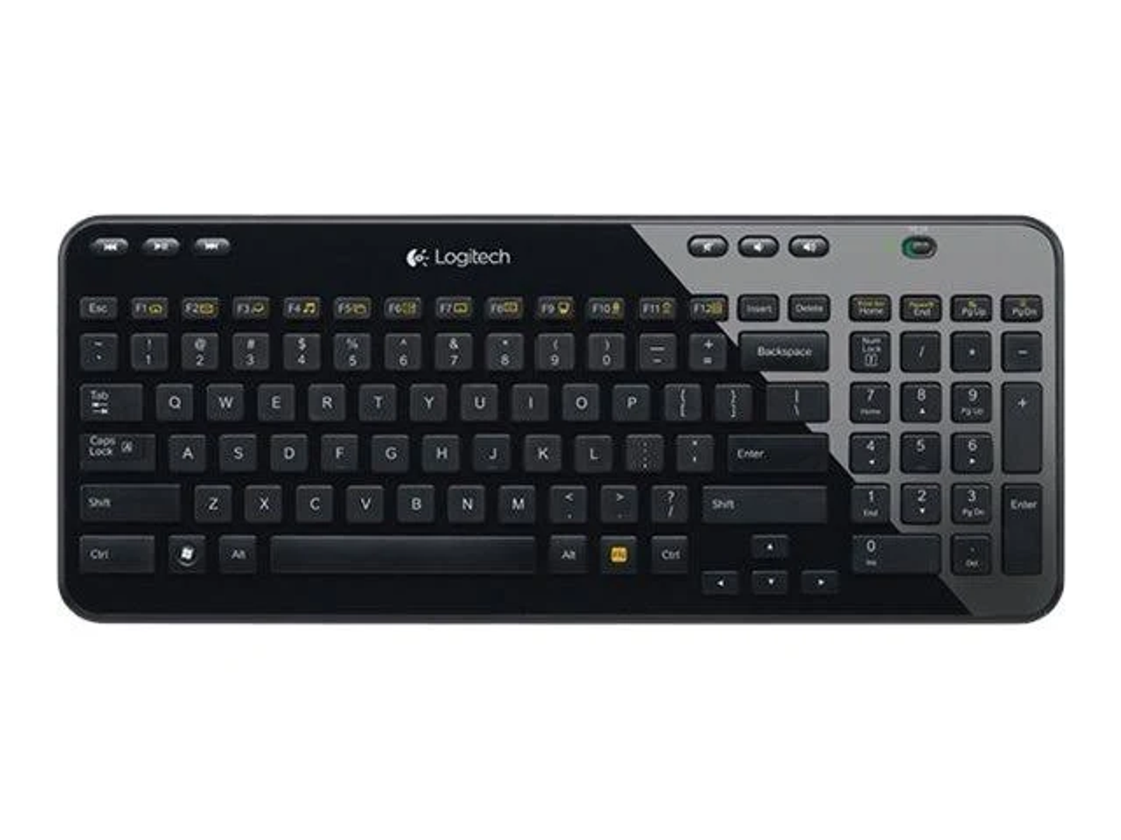 Eine schwarze Logitech-Tastatur mit vollständigem Tastenlayout, leicht angewinkelt, auf weißer Oberfläche.