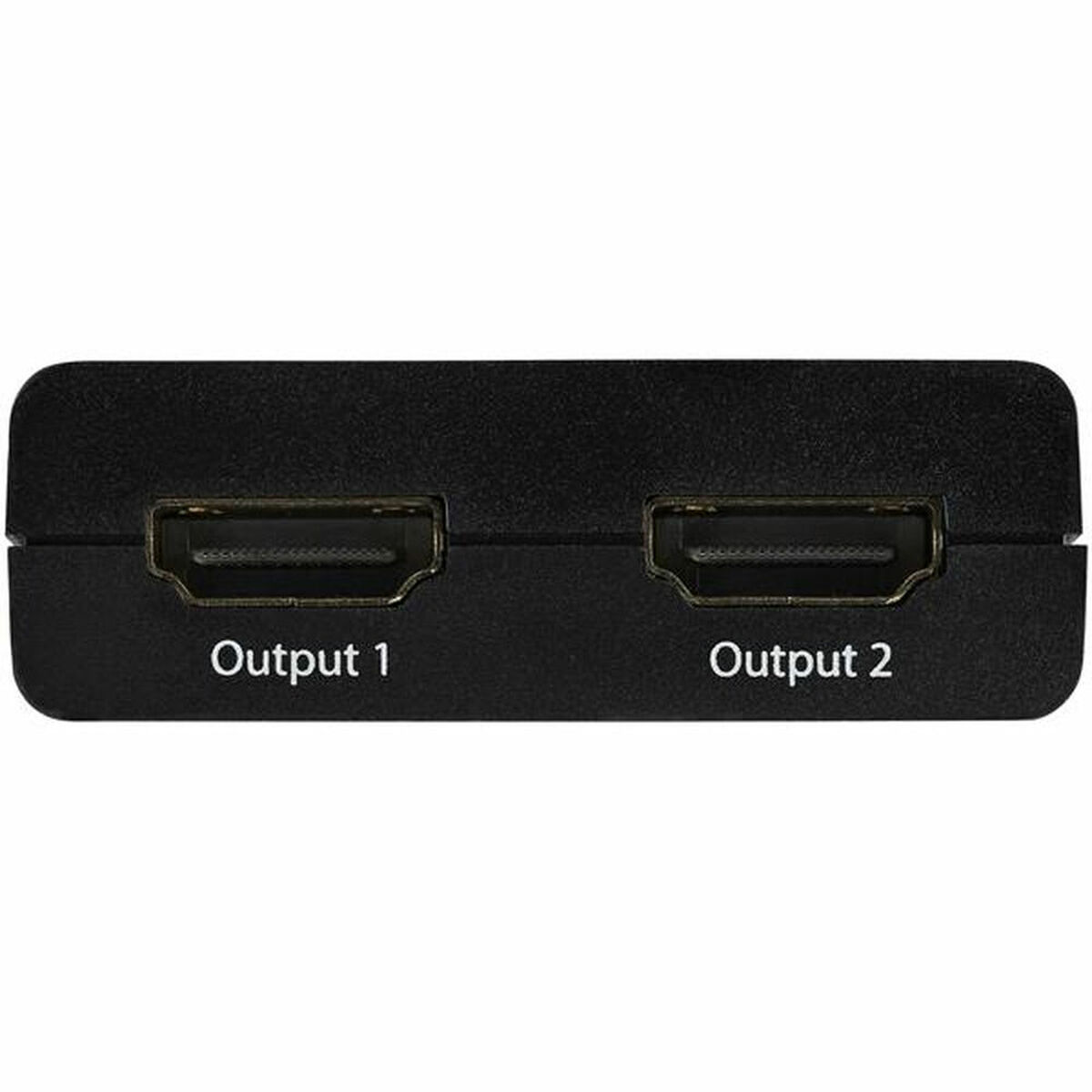 Un divisor HDMI negro con dos puertos de salida etiquetados como 'Output 1' y 'Output 2'.