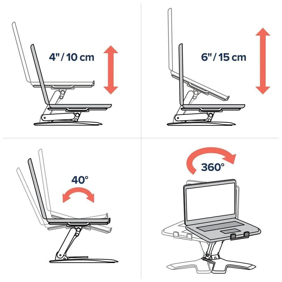 Illustrations montrant un support pour ordinateur portable avec réglages de hauteur et d'angle.