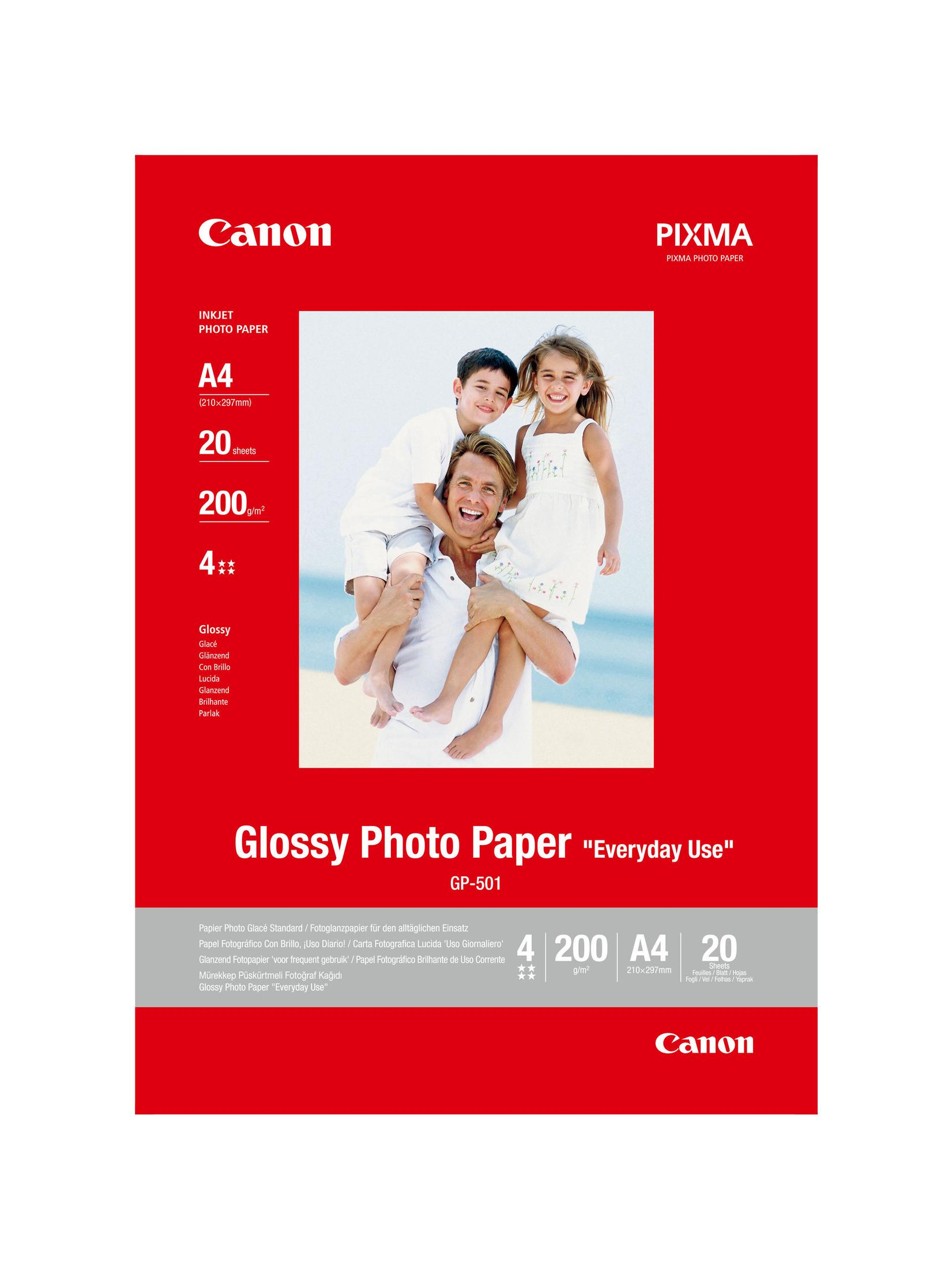 Canon Glanzfotopapier-Verpackung mit Familienfoto auf der Vorderseite.